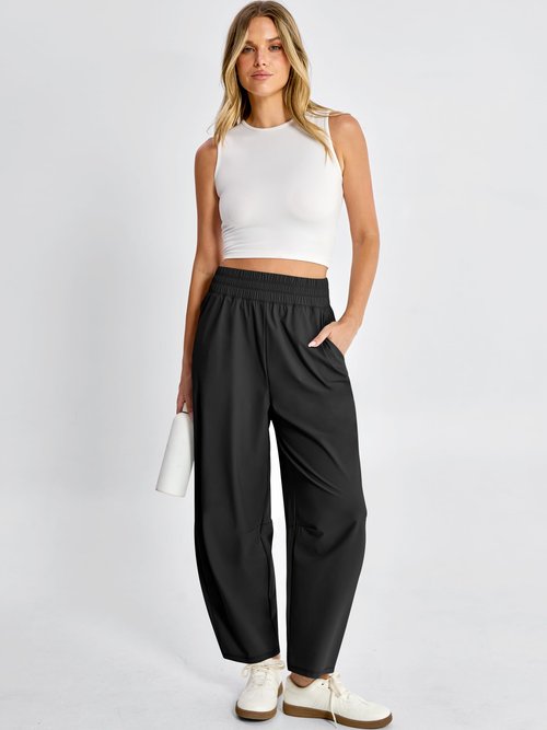 Caracilia Womens Barrel Wide Leg Hiking Pants High Waisted Baggy Summer Quick Dry Athletic Trousers with Pockets 2026 Black Large