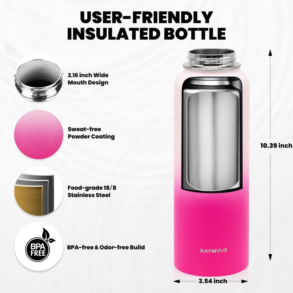 Skiennix Insulated Water Bottle - 40 Oz Triple Wall Vacuum Stainless Steel | Cold for 48 Hrs, Leak Proof, Ombre Pink