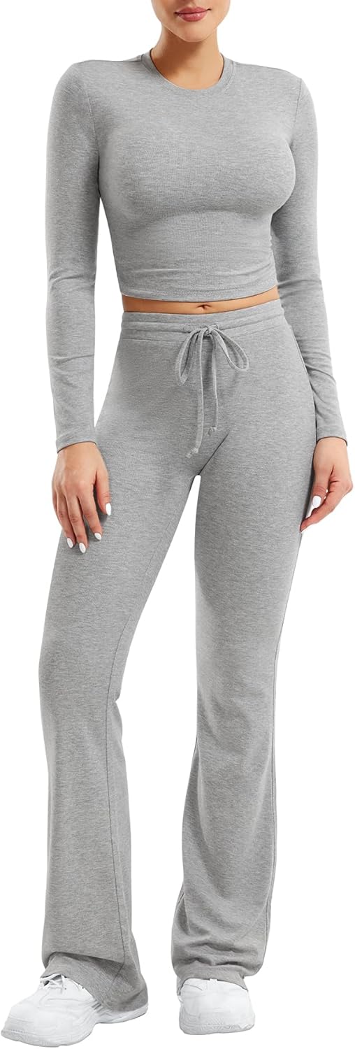 YEOREO Women's Two-Piece Lounge Set - Long Sleeve Top & Drawstring Wide Leg Pants | Ava Matching