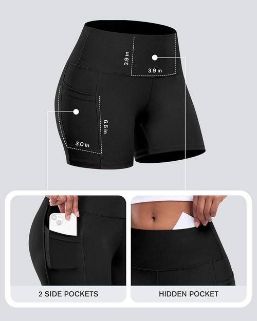 CHRLEISURE Women's High Waisted Biker Yoga Shorts - Tummy Control, 5-Inch Pocketed Spandex Gym Shorts