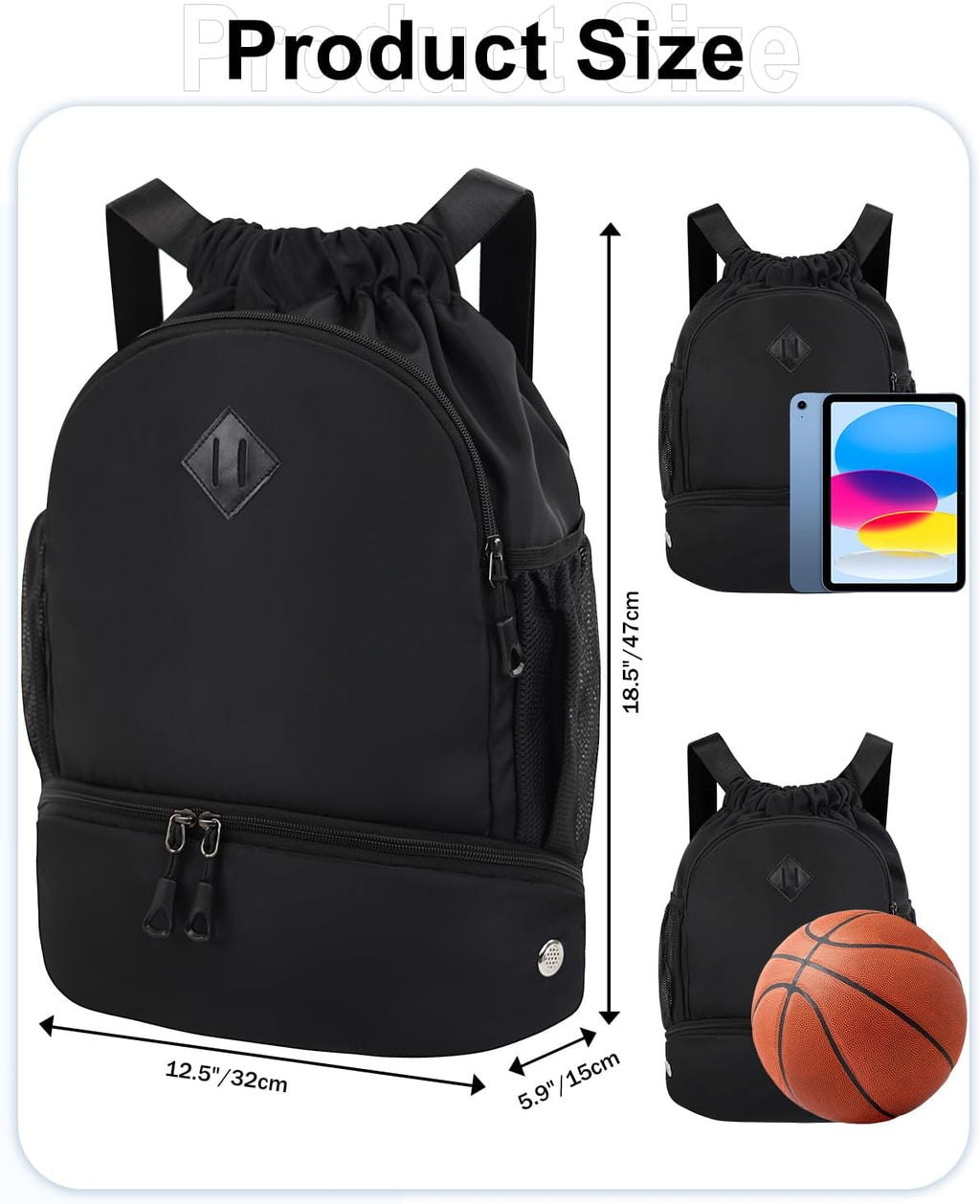 RHDZO Drawstring Backpack - Gym Bag with Shoe Compartment & Wet Pocket | Black