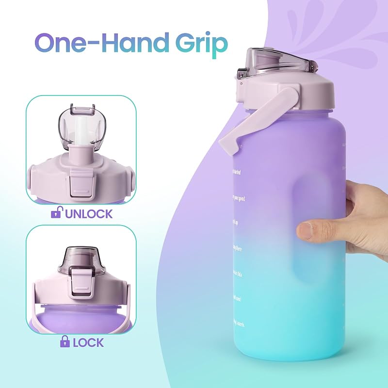 64 oz Time Marker Water Bottle with Straw, Half Gallon Gym Bottle - Purple Cyan (Variation: Purple Cyan)