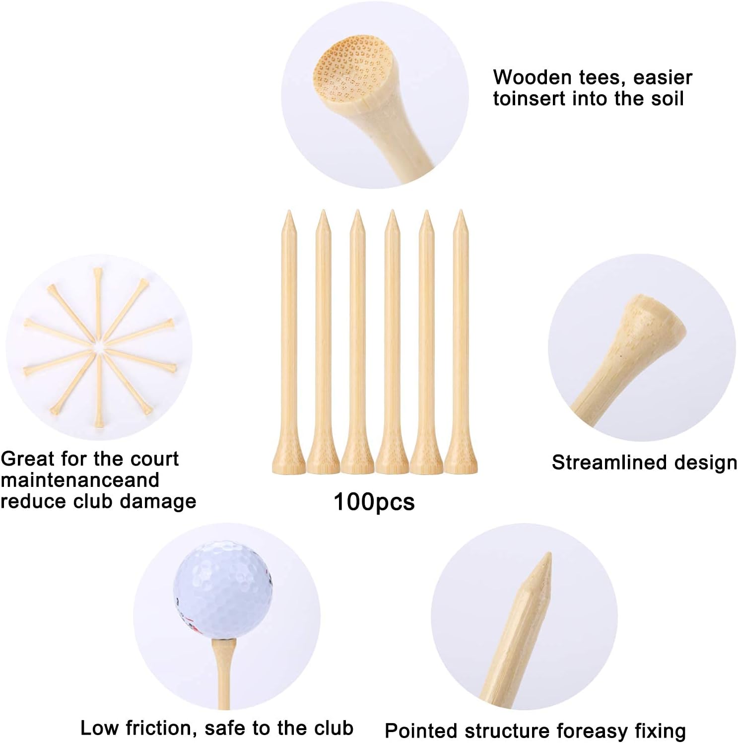 Skiennix Golf Tees - Durable Biodegradable Bamboo | 100 Pcs, 3-1/4" for Enhanced Stability