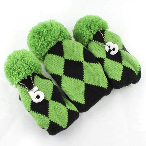 GOOACTION 3PCS Knitted Golf Head Covers 1-3-5 for Driver and Fairway Woods with Long Neck Sock Vintage Argyle Black and Dark Green Pom Pom Golf Club Head Covers Set
