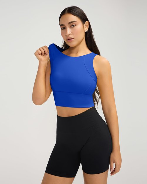 Ama Larsi High Neck Sports Bras for Women Medium Support Longline Sport Bras Padded Workout Yoga Crop Tank Tops Electric Blue