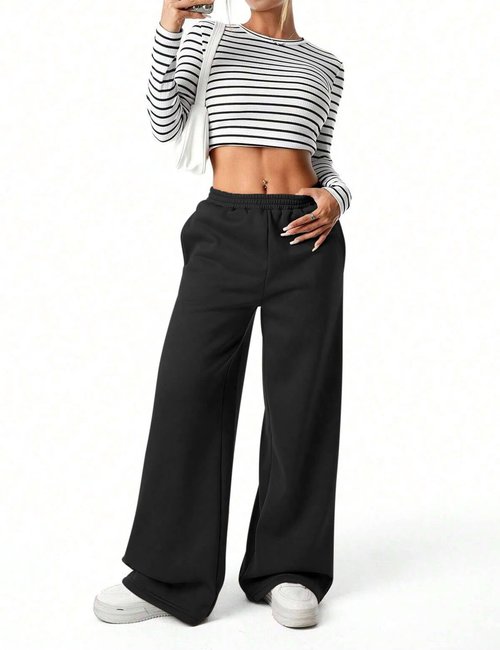 FACDIBY Fleece Lined Sweatpants for Women Wide Leg High Waisted Sweat Pants Baggy Drawstring Sherpa Straight Leg Lounge Pants Black M