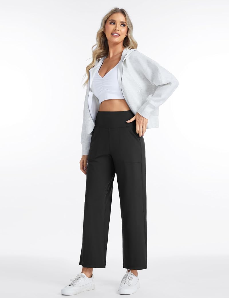 The Gym People Women's Wide Leg High Waist Yoga Pants with Pockets - Black, 27" Inseam