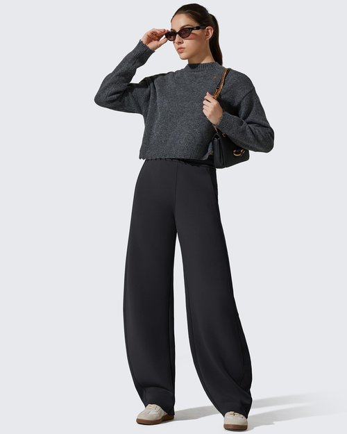 G4Free Fleece Sweatpants Women Barrel Wide Leg Pants Elastic Waist Stretch Winter Thermal Track Pants Travel Casual Lounge Trousers(Black,M,Petite)