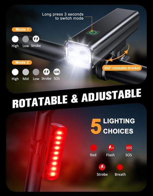 WOCBUY Bike Lights, 1200 Lumen USB Rechargeable LED Bike Light Set, Super Bright Bicycle Lights Front & Back Tail Light, Aluminum Alloy Cycling Bike Flashlight Torch, 5 Light Modes, IPX5 Waterproof