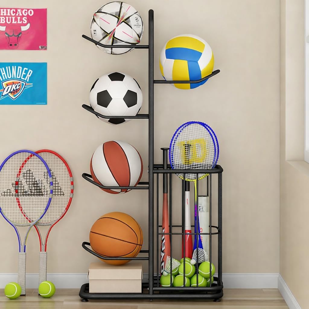 Skiennix Multi-Function Sports Equipment Storage Rack - Adjustable & Durable 5-Tier Black Organizer with Basket