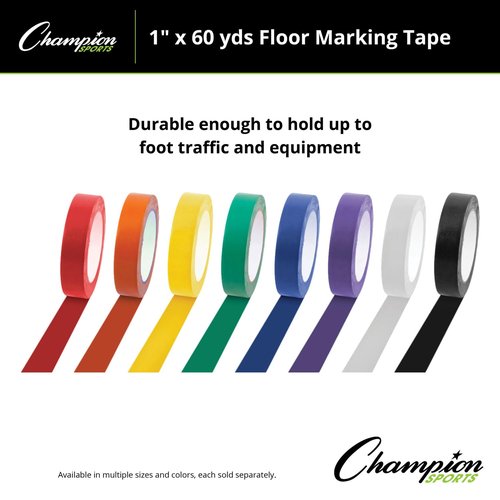 Champion Sports Vinyl Tape - Durable 1” Wide x 60 Yards Long Floor Marking Tape | White for Schools & Gyms