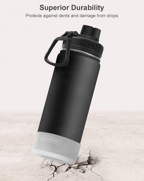 Koodee Insulated Water Bottle - 18 oz Stainless Steel Double Wall Vacuum | Leakproof Spout Lid (Black)