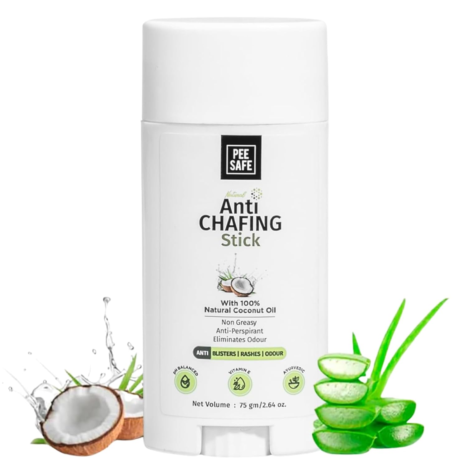 Pee Safe Anti Chafe Stick - Coconut Oil & Aloe Vera Friction Balm for Thigh & Underarm Care | 2.65 Oz