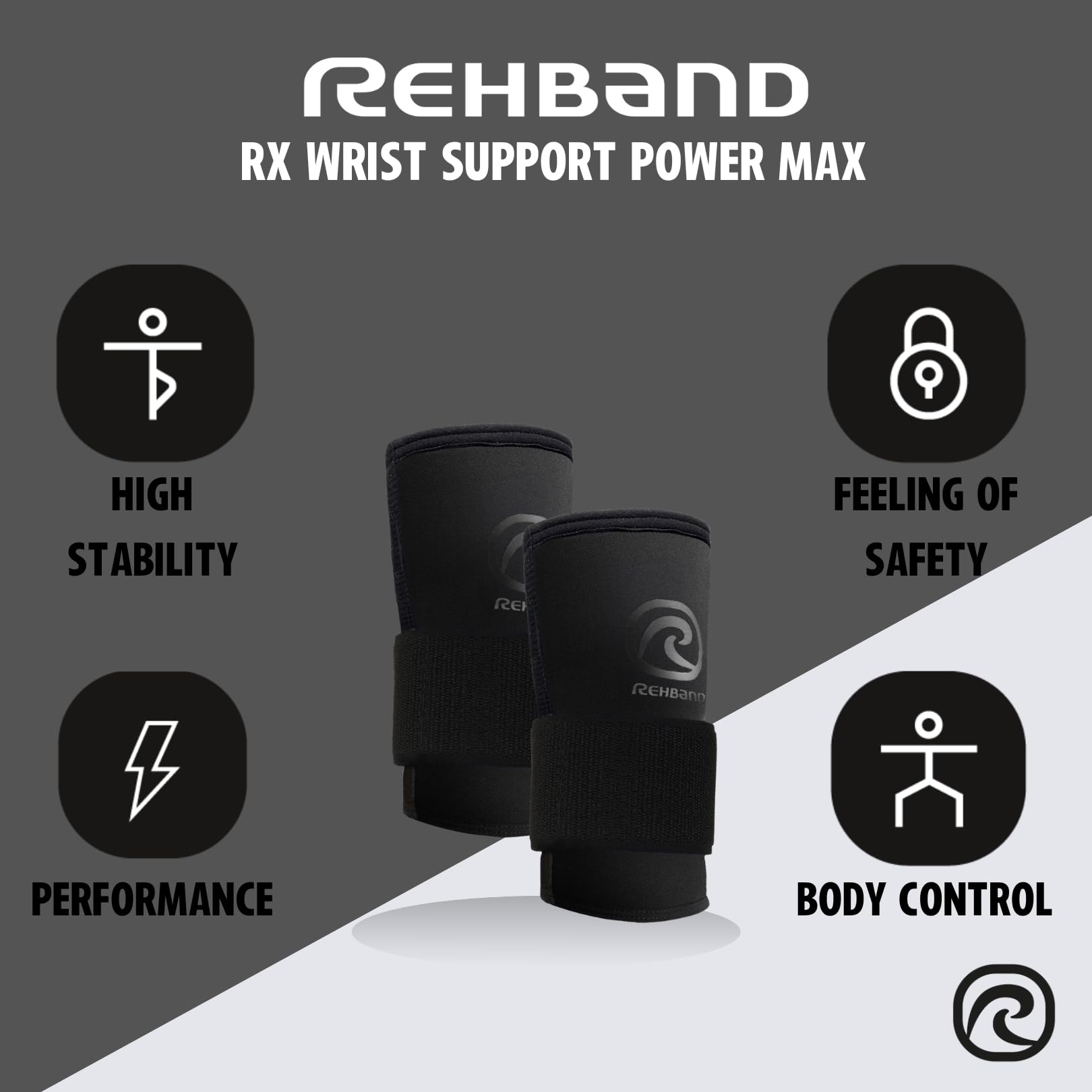 Rehband RX Wrist Support Power Max, 3-in-1 Neoprene Sleeve + Wrap for Strength Training, Protects during Kettlebell Training, stabilizes wrist, forearm protection, Colour:Carbon/Black, Size:Medium