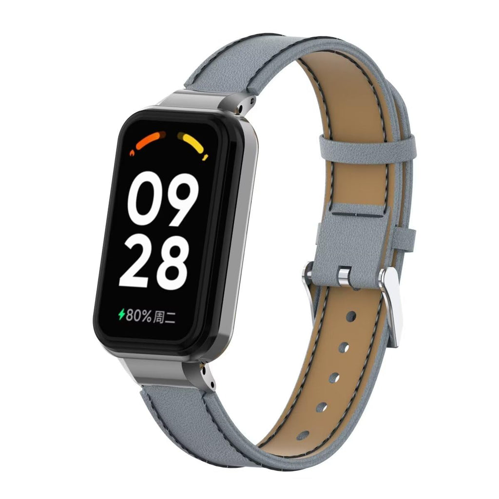 T-BLUER Compatible with Xiaomi Redmi Band 2 Bands,Leather Replacement Bracelet Strap Wristband Accessories with Metal Frame for Xiaomi Smart Band 8 Active,Grey