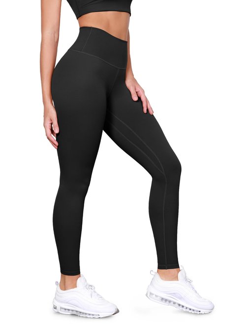 ODODOS Tummy Control Full Length Compression Leggings with Inner Pocket for Women, 28" High Waist Workout Running Yoga Pants, Black, Large