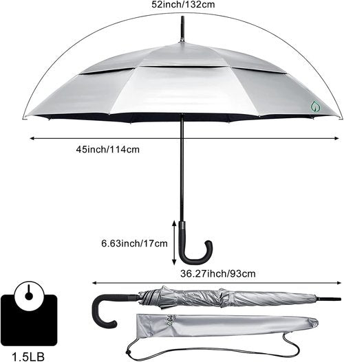 G4Free 52-Inch UV Protection Umbrella - Automatic Open Hook Handle for Rain & Sun (Silver/Black)