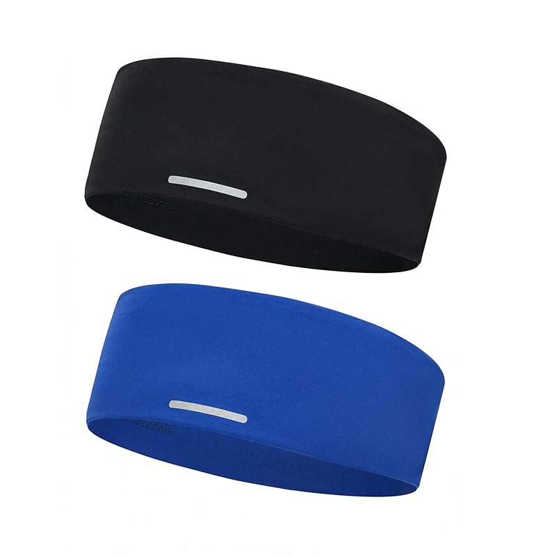 Sukeen 2-Pack Lightweight Mens Headband - Black/Blue, 8cm Sweat-Wicking, Anti-Slip