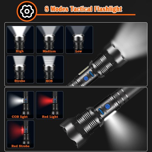 ZioeYiue Flashlights High Lumen Rechargeable, Heavy Duty Rechargeable Flashlights, Adjustable Focus Tactical Flashlight with 8 Modes, Super Bright Flashlight for Home Camping