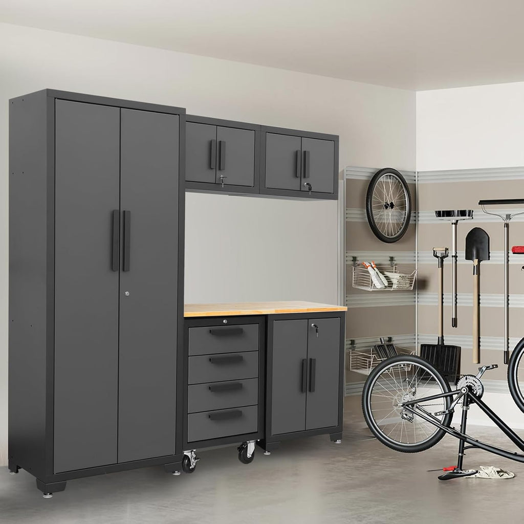 Torin Garage Storage Cabinet Set - 6-Piece Tool Organizer with Lockers & Wood Workbench | Black/Grey, 76.8" L x 18.5" W x 75.79" H