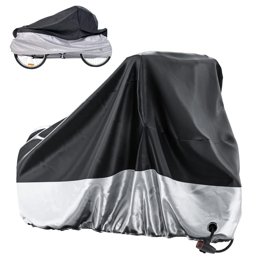 Waterproof Bike Cover for Tricycle & Bicycle, Outdoor Storage Cover with UV Protection, Lock Hole, Elastic Hem, Buckle Strap & Storage Bag, Fits Adult Trikes and Large Bikes
