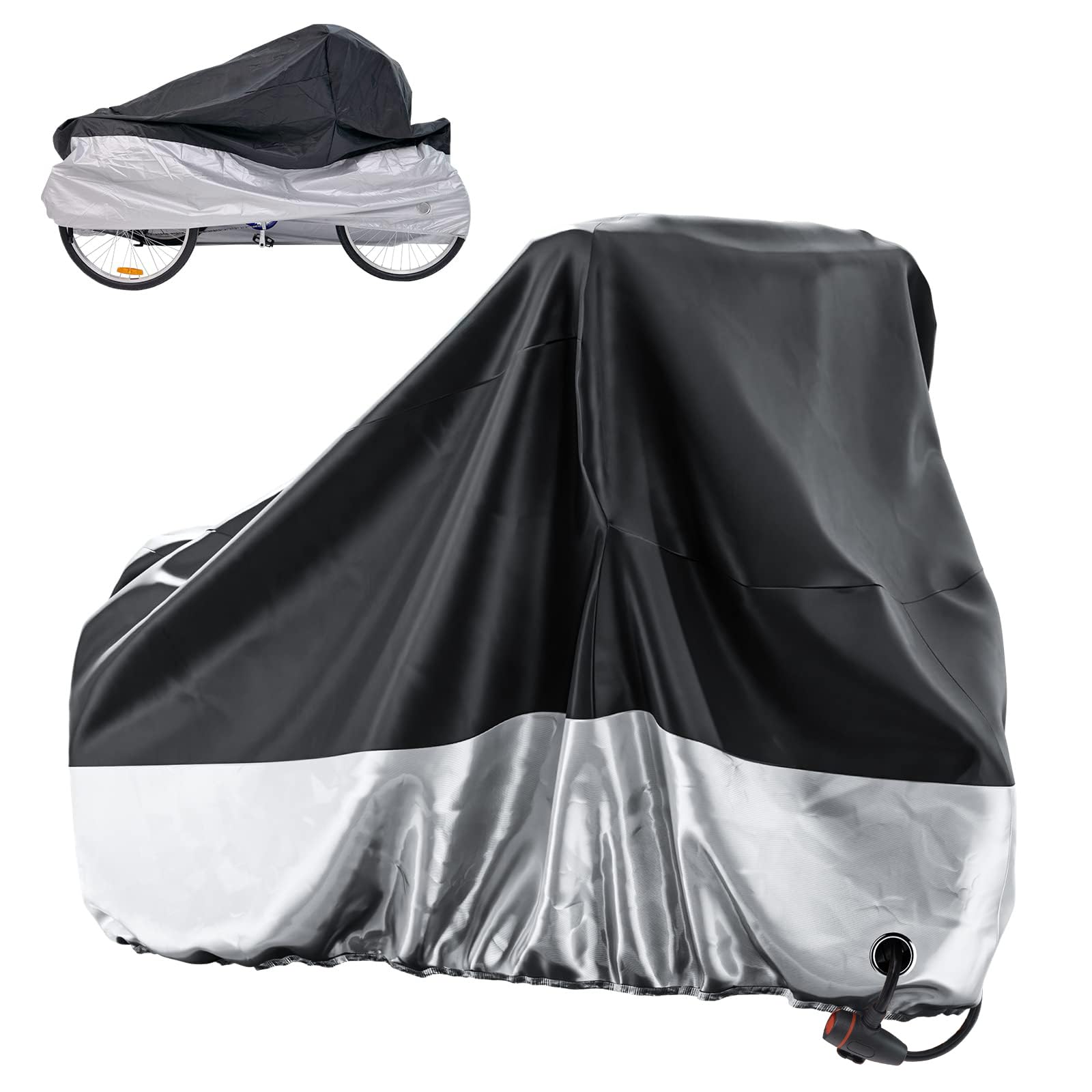 Waterproof Bike Cover for Tricycle & Bicycle, Outdoor Storage Cover with UV Protection, Lock Hole, Elastic Hem, Buckle Strap & Storage Bag, Fits Adult Trikes and Large Bikes