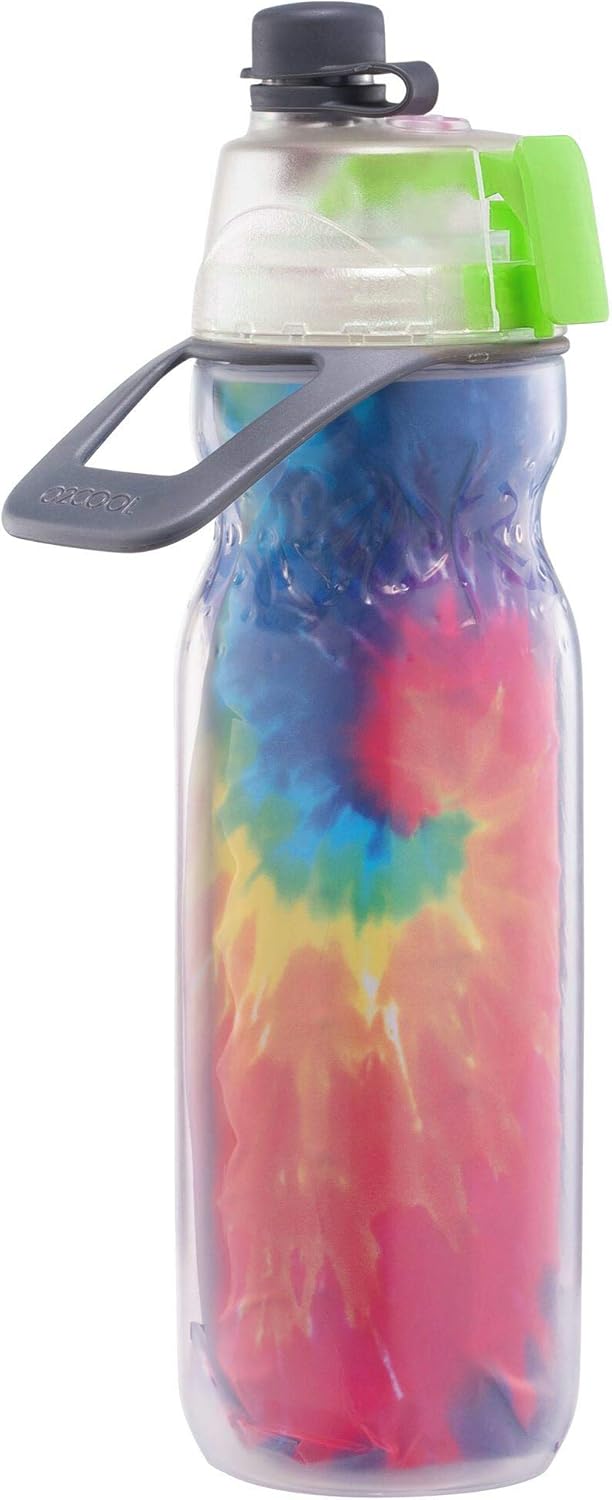 O2COOL Misting Water Bottle - 2-in-1 Mist & Sip Function, No Leak Pull Top Spout - 20 oz Tie Dye/Celestial Purple
