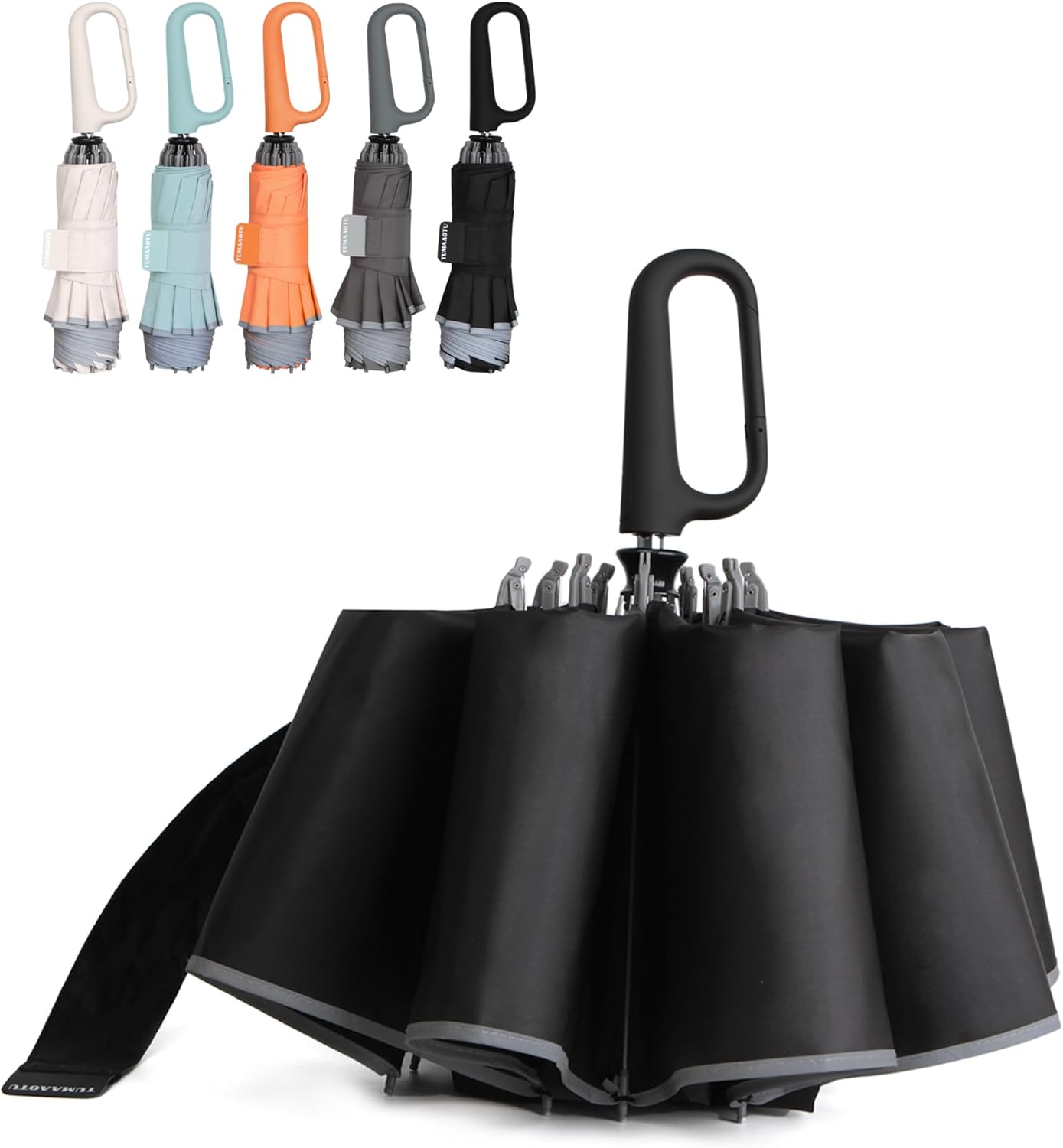 QWB TUMAAOTU Inverted Umbrella - Compact Windproof Design with Carabiner Handle | Portable Reverse Folding Umbrella for Rain and Sun Protection