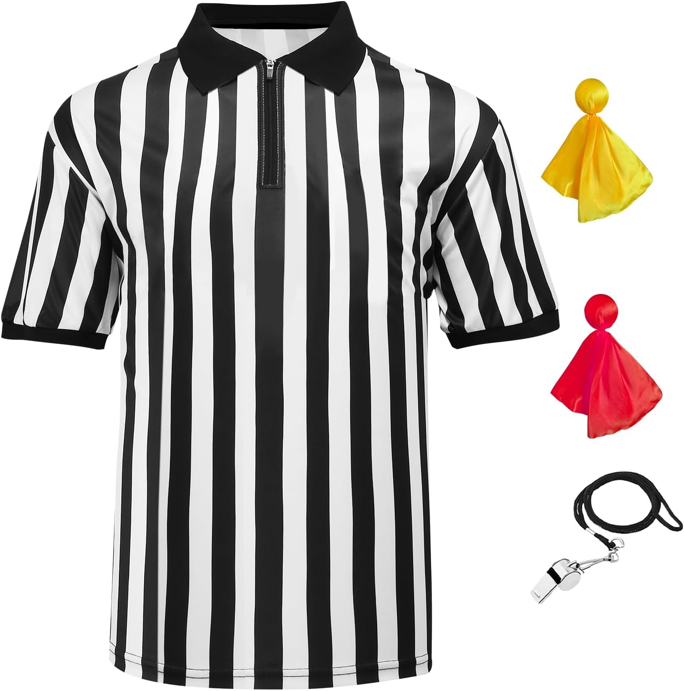 Skiennix Men's Referee Costume Set - 4 Pcs with Zipper Ref Shirt, Whistle & Penalty Flags