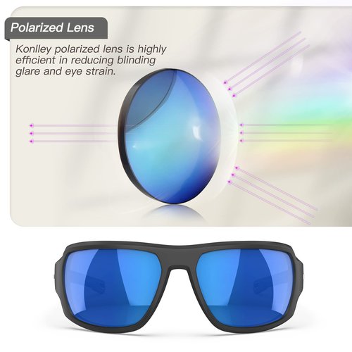 Konlley Polarized Wrap Around Sport Sunglasses for Men and Women Small Face, Wraparound Safety Sunglasses UV Protection for Shooting, Fishing, Running (Matte Black Frame/Blue Mirrored Lens)