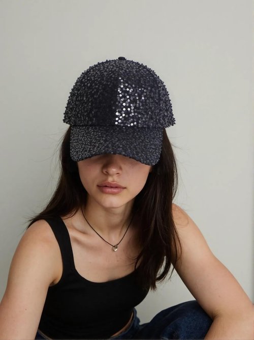 Awlsyj Women's Girls Sequin Baseball Cap Trucker Hat Sun Hat Golf Visor Sparkly Bling 80s Party Hat (Black, One Size)