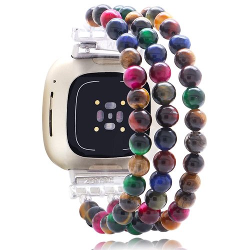 C&L Accessories Bands Compatible with Fitbit Versa 3 Bands/Fitbit Sense Bands for Women Men Beaded Gemstone Replacement Wristband Strap for Versa 3/Sense Smartwatch (Dark Rainbow Tiger Eye)