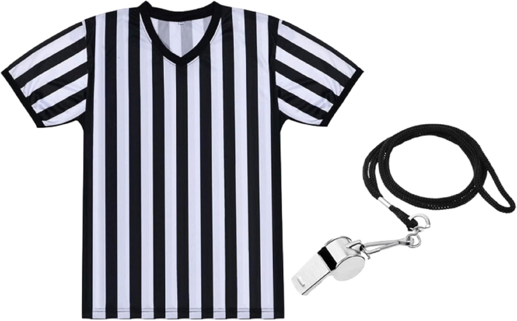 SATINIOR Men's Pro-Style Referee Shirt - Black and White Stripe Umpire Jersey with Whistle & Lanyard