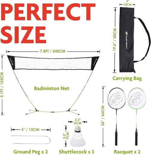 E-Jet Badminton Net Rackets Shuttlecocks Combo Set - Portable & Instant Setup (Backyard Fun, Beach Park Picnic Outdoor Games), Green, 5.1 x 7.8Ft (EOB727402021)