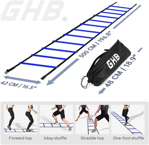 GHB Agility Ladder Set - 1 Agility Ladder with 50 Disc Cones & 2 Carrying Bags | Perfect for Training