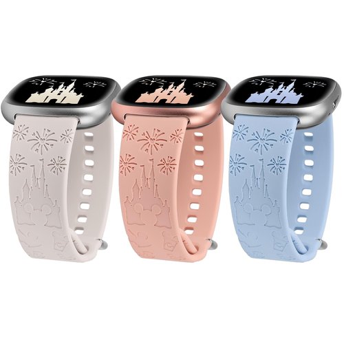Girovo 3 Pack Cartoon Engraved Band Compatible with Fitbit Versa 4 Bands/Fitbit Versa 3 Bands/Sense/Sense 2 Band Women, Cute Soft Silicone Replacement Bracelet Sport Designer Fancy Strap for Versa 4