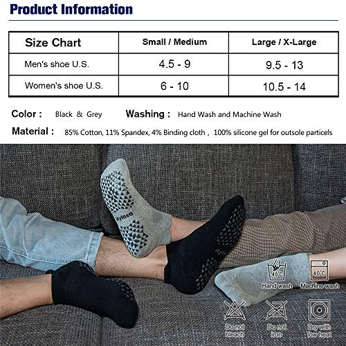 Unisex Non-Slip Grip Socks for Yoga, Pilates, Hospital & Barre - Large-X-Large, 4 Pairs, Black & Grey
