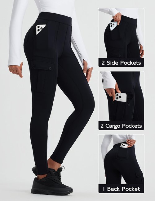baleaf Women's Fleece Lined Leggings Thermal Hiking Pants Water Resistant Pockets Winter Warm Cargo Insulated Tights Black S