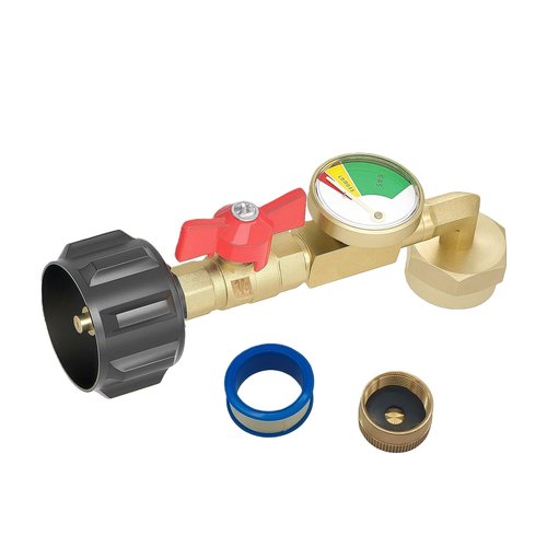 Shrandi Propane Refill Adapter with Valve and Gauge, Fill 1 lb Bottles from 20lb Tank, 90-Degree Elbow Design, Solid Brass Fits QCC1/Type1 to 1 lb Disposable Cylinders, Includes Sealing Tape