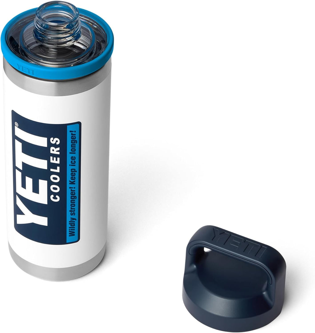 YETI Rambler 18 oz Bottle - Leakproof Vacuum Insulated Stainless Steel with Chug Cap | White/Blue