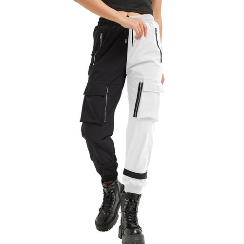 MEINVQIAOTI Black Cargo Pants Women Loose Chained Pants Multi-Pocket Multi-Zip Punk Goth Pants(Black&White,XL)