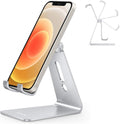 OMOTON Adjustable Cell Phone Stand - Aluminum Desktop Holder with Anti-Slip Base & Charging Port | Fits All Smartphones, Silver