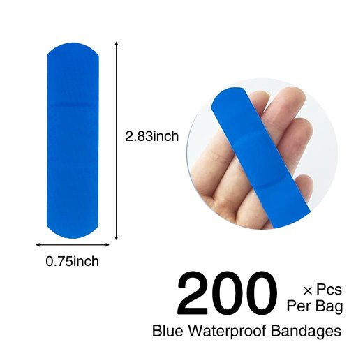 200 Pcs Blue Metal Detectable Bandages PE Waterproof Adhesive Bandage Bulk Sterile Pads Latex-Free for First Aid & Wound Care Rectangle