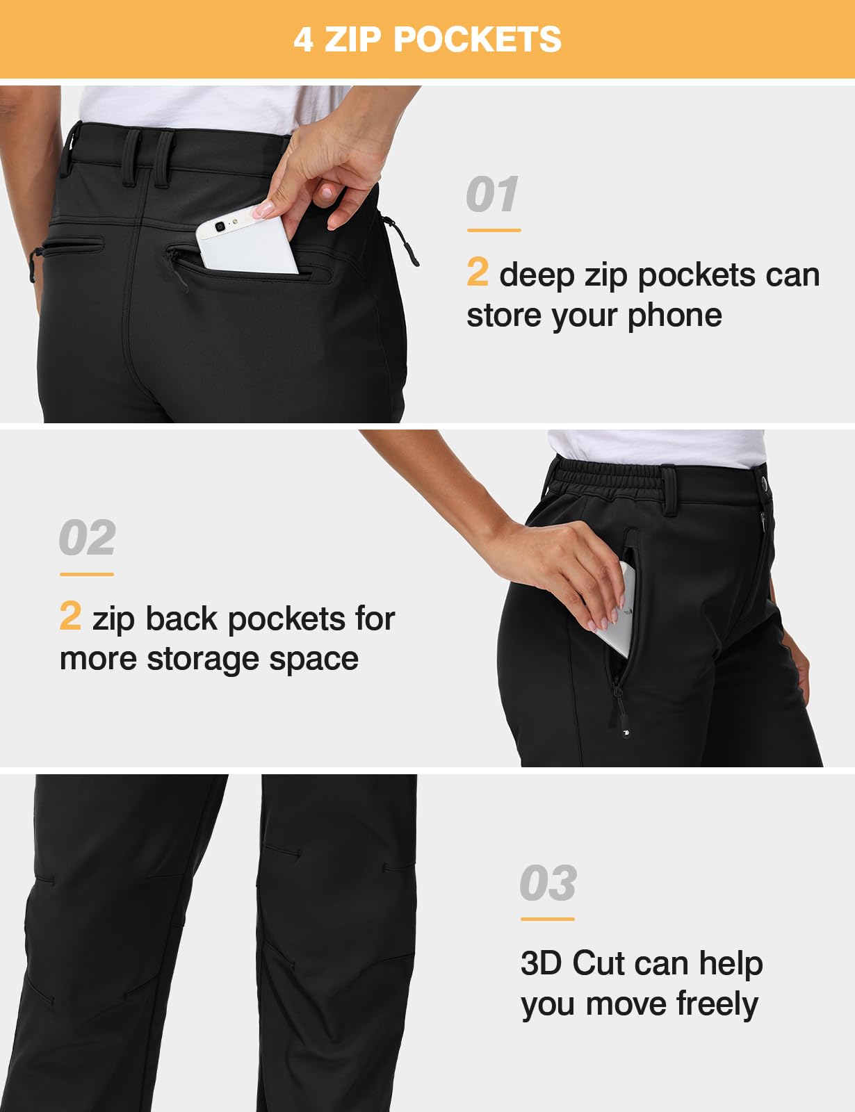 TBMPOY Women's Ski Snow Pants Waterproof Windproof Fleece Lined Warm Hiking Insulated Softshell Cargo Pant 4 Pockets Black M