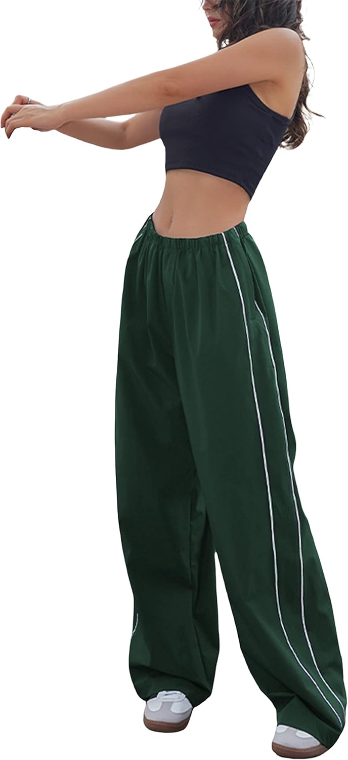 Springrain Women's Wide Leg Track Pants - Slouchy Stripe Detail Jogger Sweatpants with Pockets