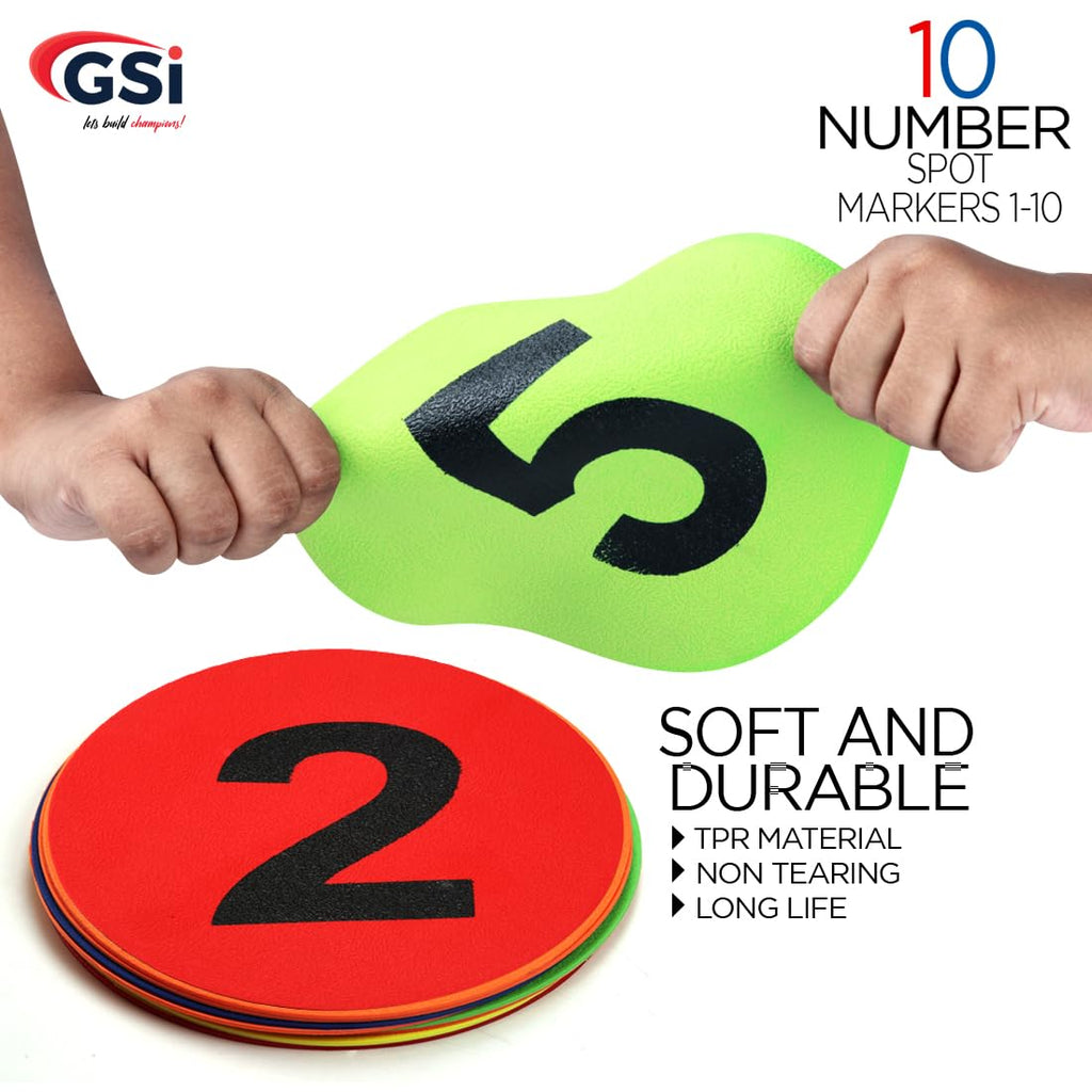 GSi 8" Numbered Poly Spot Markers (1-10), Anti-Skid, Durable, Non-Toxic Floor Dots for Math, Classroom & PE. Bright, Washable Sitting Spots for Preschool & Training (Pack of 10).