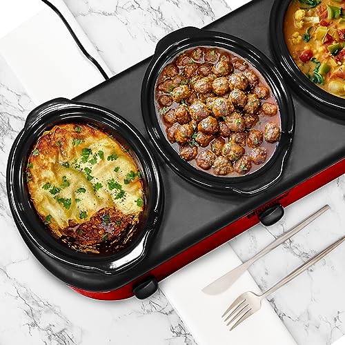 Elite Gourmet Red Triple Slow Cooker Buffet Server, 3 x 2.5 Qt, Multi-Use Kitchen Appliance