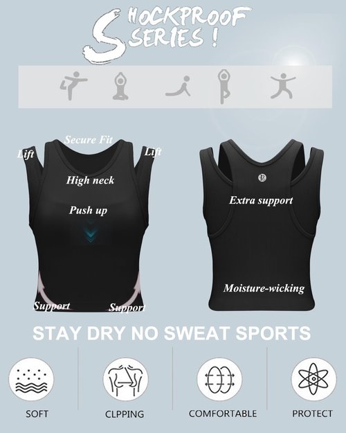 RUNNING GIRL Sports Bras for Women High Impact Seamless Ribbed Longline High Neck Workout Crop Tank Tops Padded(BX3036Black,M)