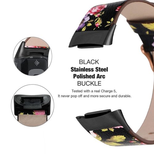 Abanen Leather Bands for Fitbit Charge 5, Floral Print Soft Leather Women Wristband Strap with Stainless Steel Quick Release Compatible with Fitbit Charge 5 (Black)