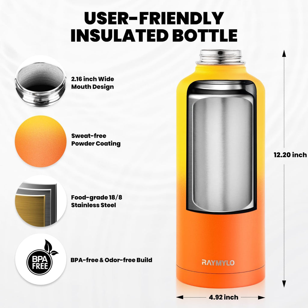 Skiennix Insulated Water Bottle - 87 Oz Triple Wall Vacuum Stainless Steel | Cold for 48 Hrs, Leak Proof, Ombre Orange